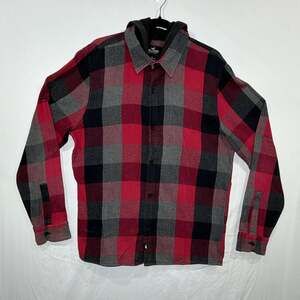 Hollister Plaid Flannel Shirt Size L Red Black Gray Hooded Button Up Long Sleeve